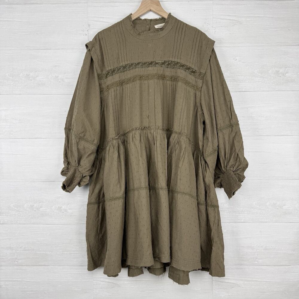 Anthropologie Babydoll Dress Large Balloon Sleeves Swiss Dot‎ Green Boho Cottage - Picture 16 of 16